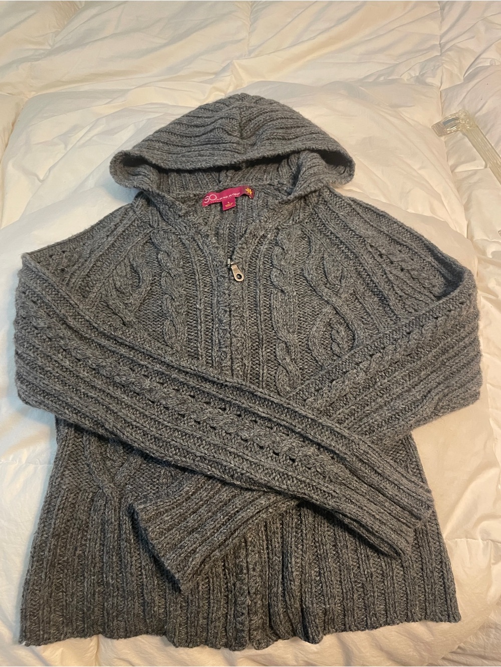 SO Gray Hooded Cable Knit Zip-Up Cardigan